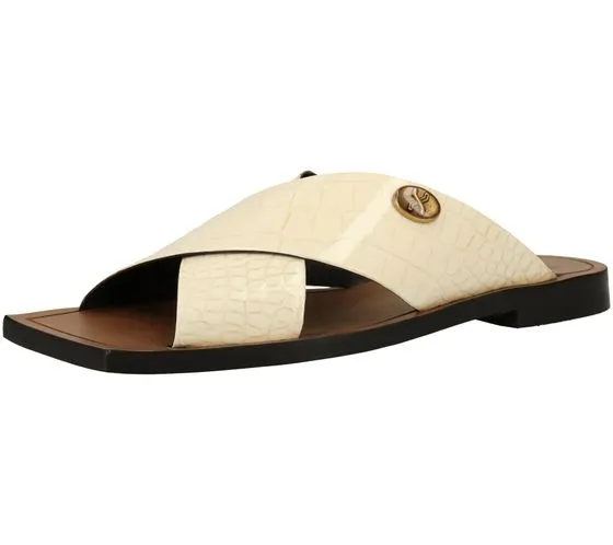 Bronx sandalo da donna in vera pelle con zoccoli estivi tacco piatto e largo con applicazione brand 84856-H 05 beige