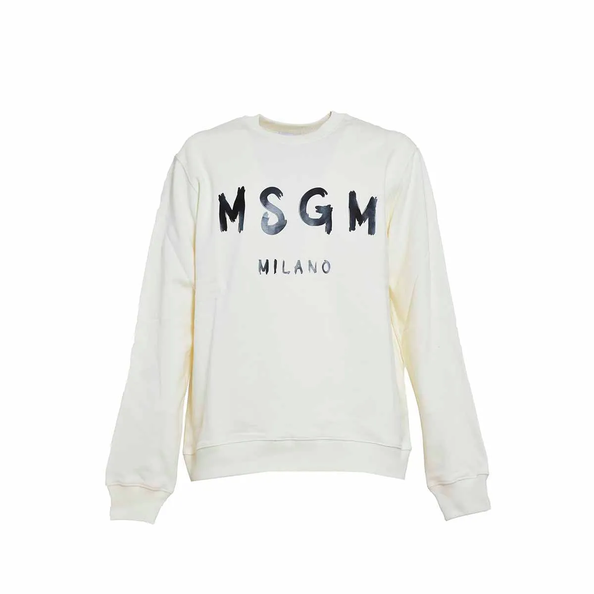 Felpa girocollo in cotone crema con stampa logo MSGM