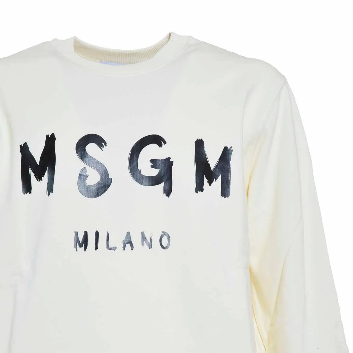 Felpa girocollo in cotone crema con stampa logo MSGM