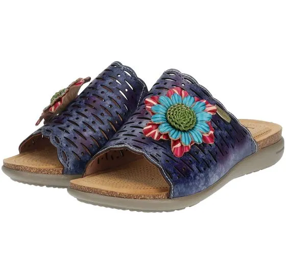 Laura Vita sandali zoccoli estivi da donna in vera pelle con decoro floreale LILOO 11 blu