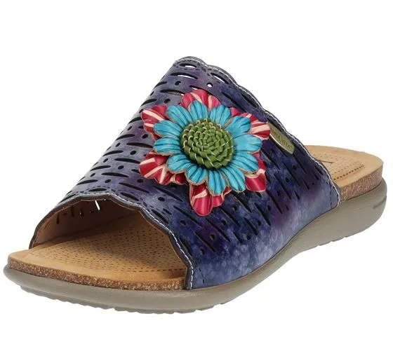 Laura Vita sandali zoccoli estivi da donna in vera pelle con decoro floreale LILOO 11 blu