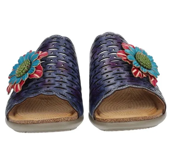 Laura Vita sandali zoccoli estivi da donna in vera pelle con decoro floreale LILOO 11 blu