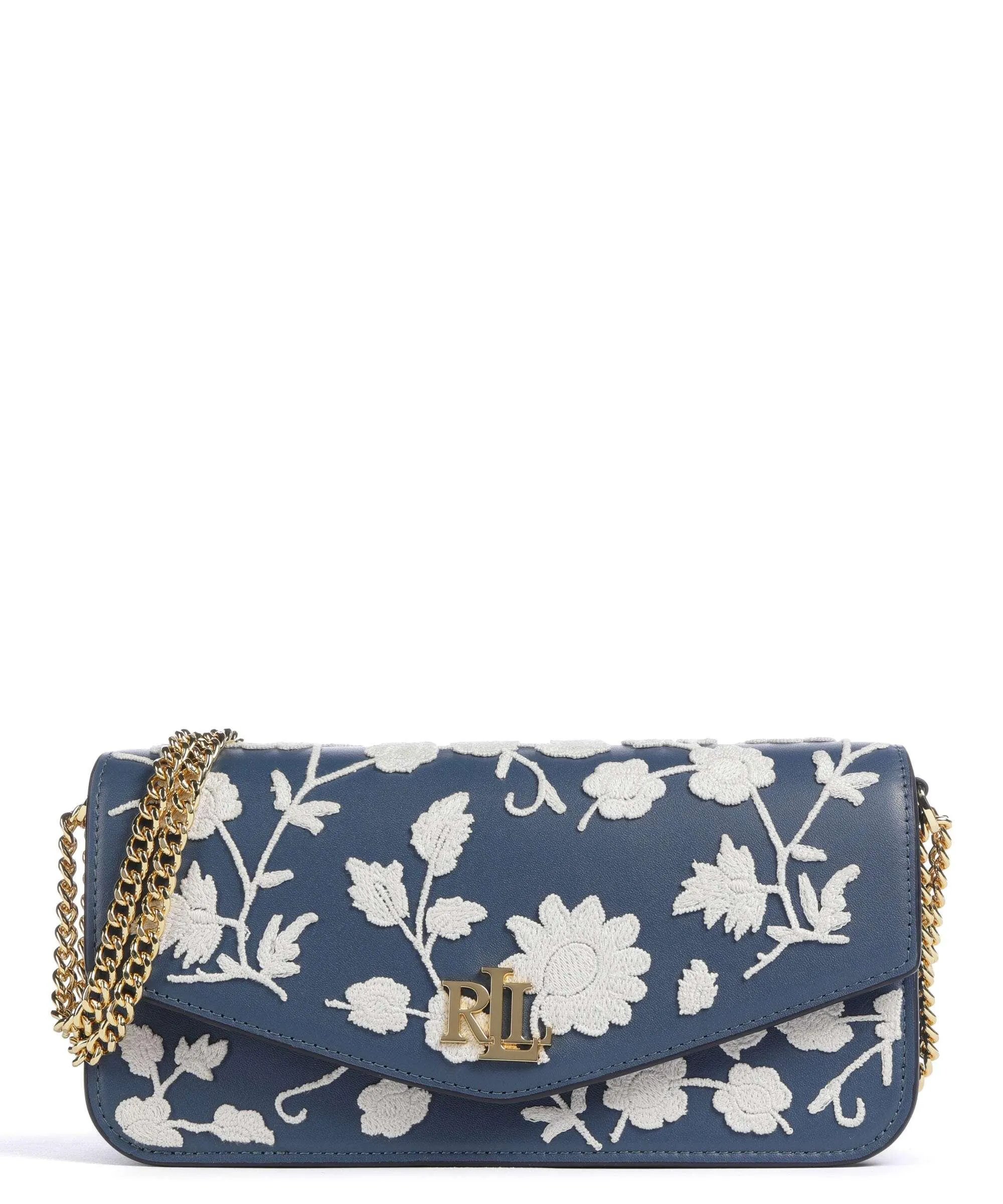  Lauren Ralph Lauren Sawyer Medium Borsa a spalla pelle di vacchetta finemente grana blu scuro  