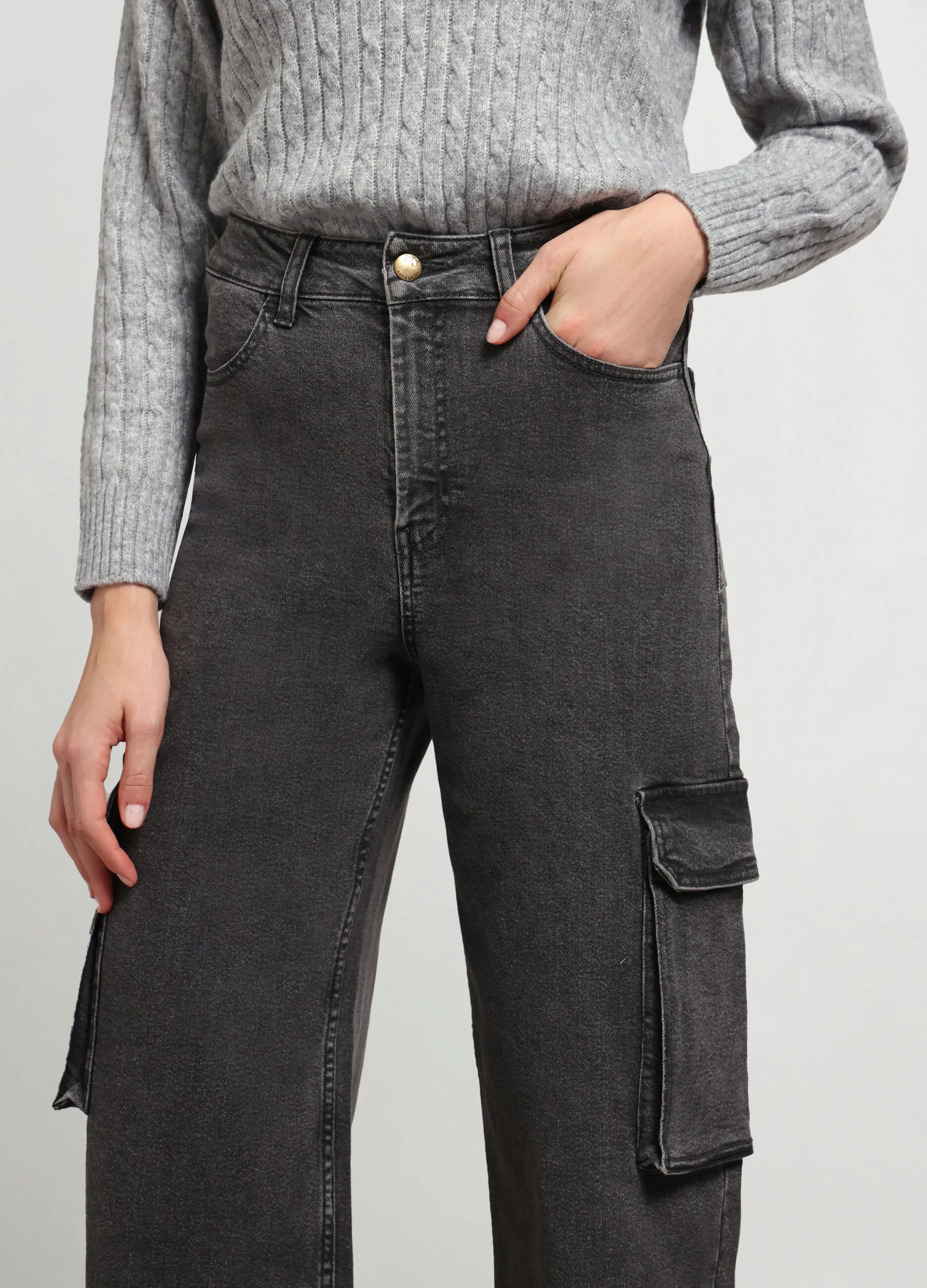 NICE & CHIC  Pantaloni wide cargo in denim di cotone stretch donna