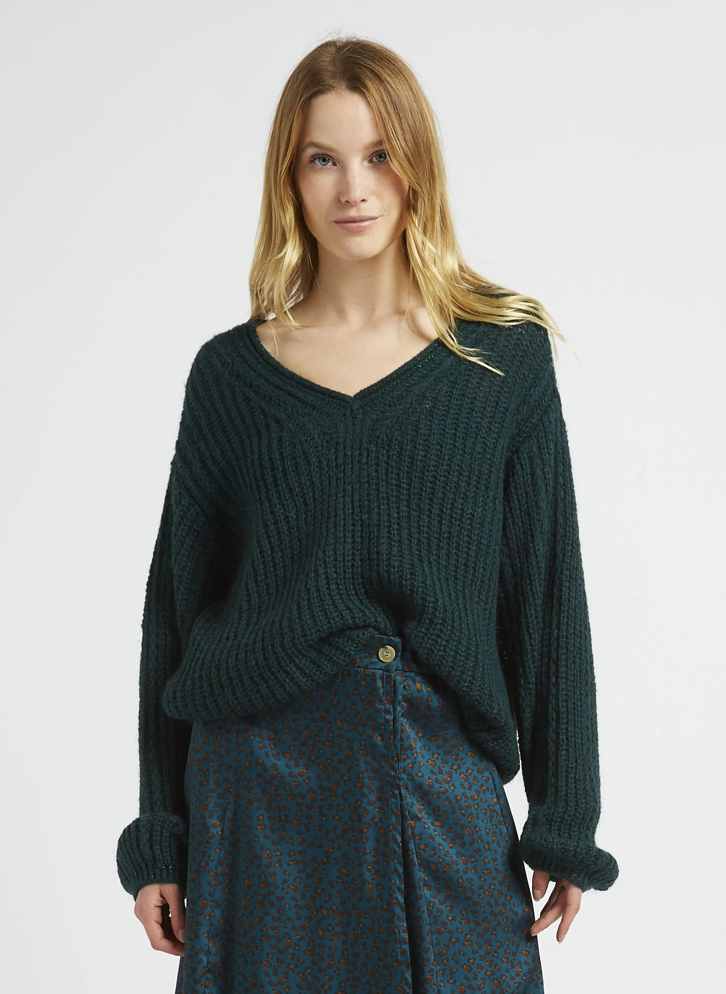  ONE STEP   TING - Maglione oversize a collo a V in maglia | Verde