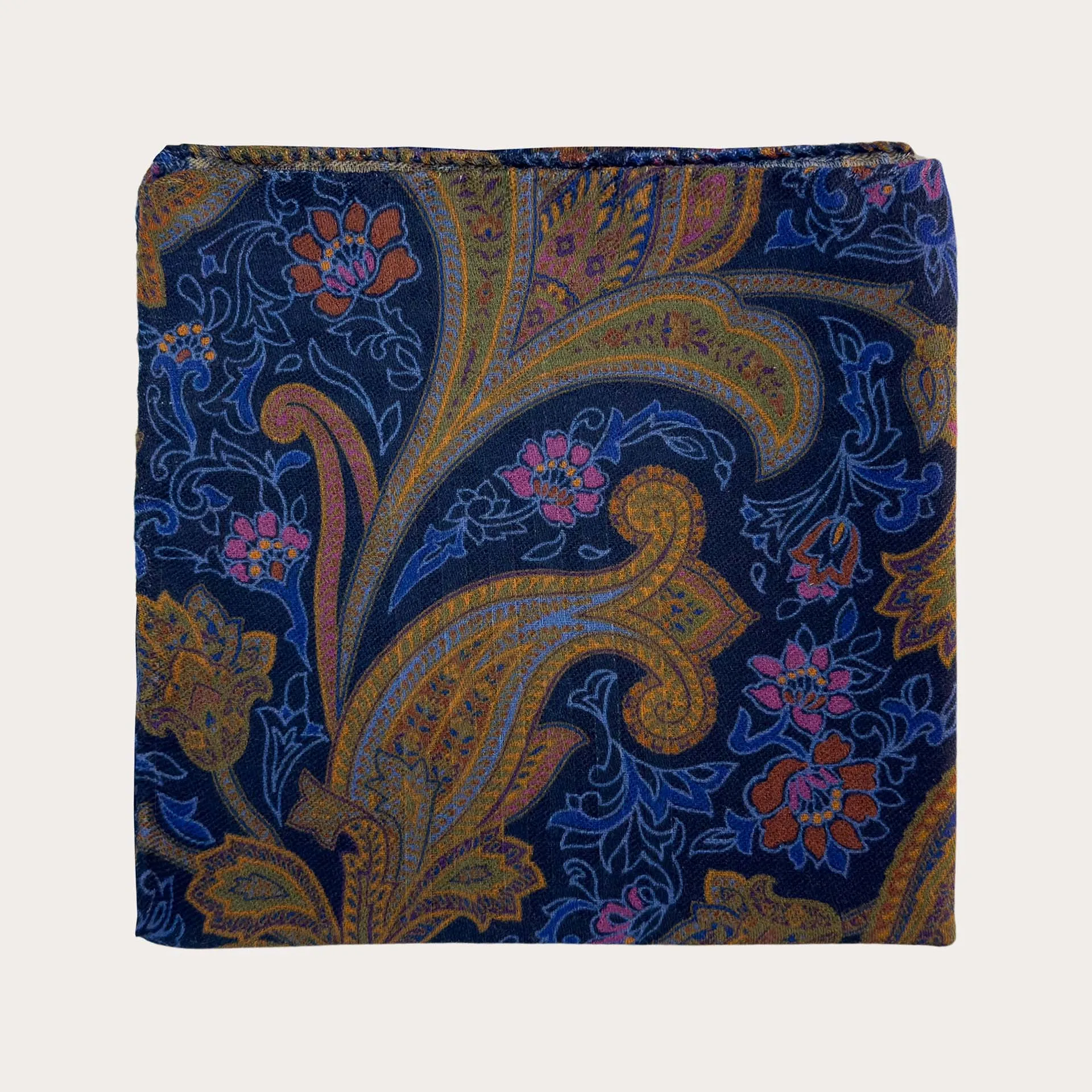 Pochette uomo in lana e seta fantasia paisley blu multicolore