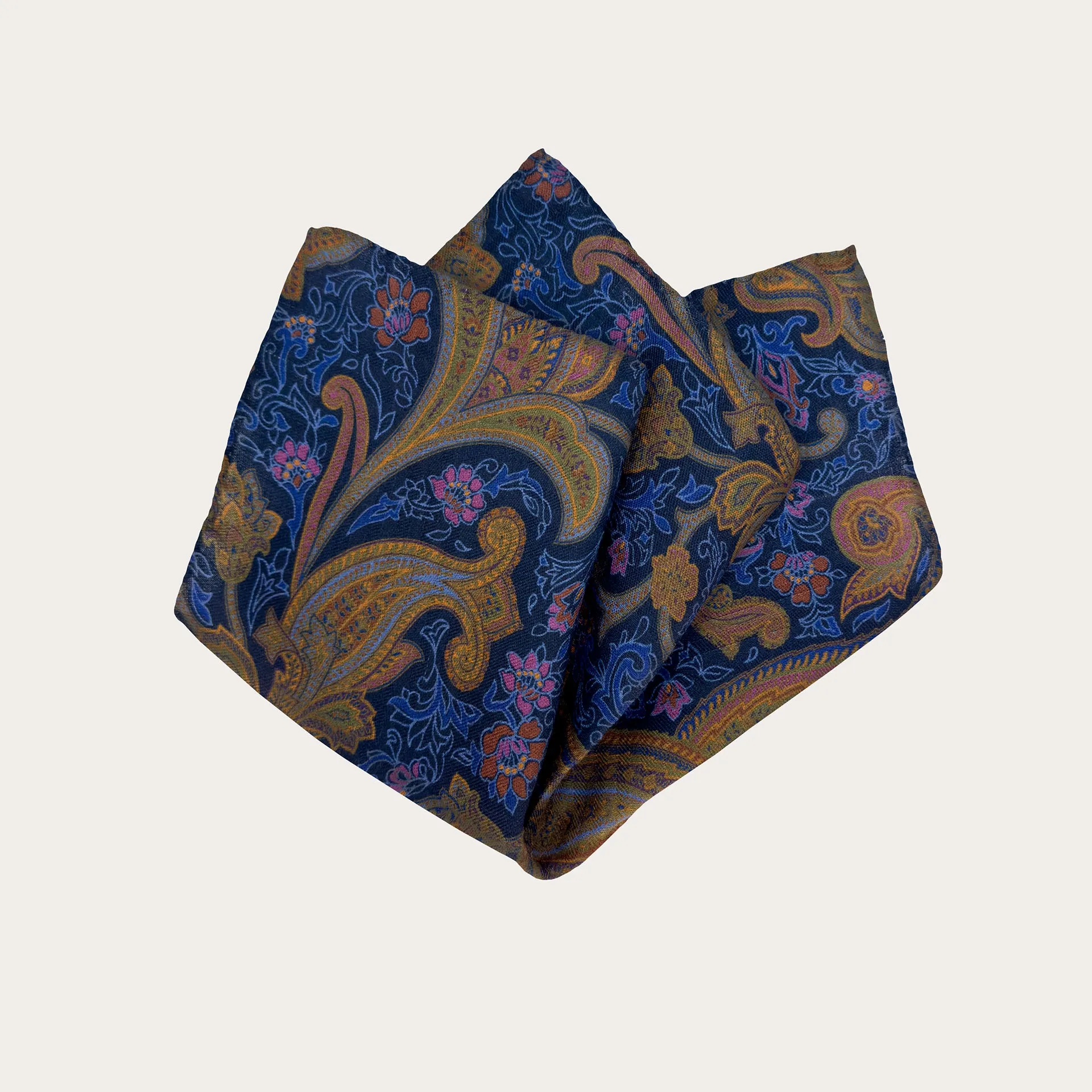 Pochette uomo in lana e seta fantasia paisley blu multicolore