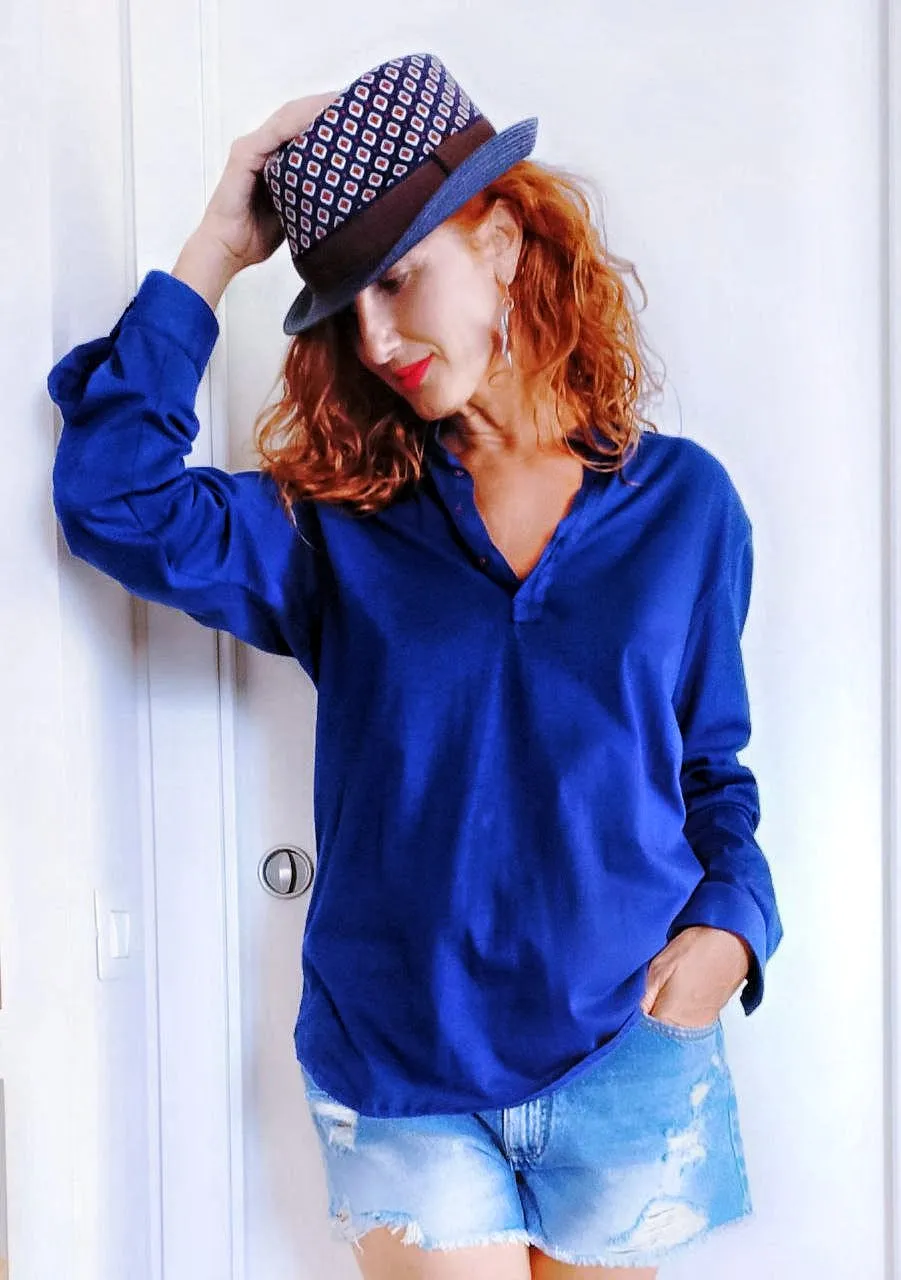 Polo Camicia Donna blu puro cotone maglia Jersey made in italy navy blue woman polo shirt