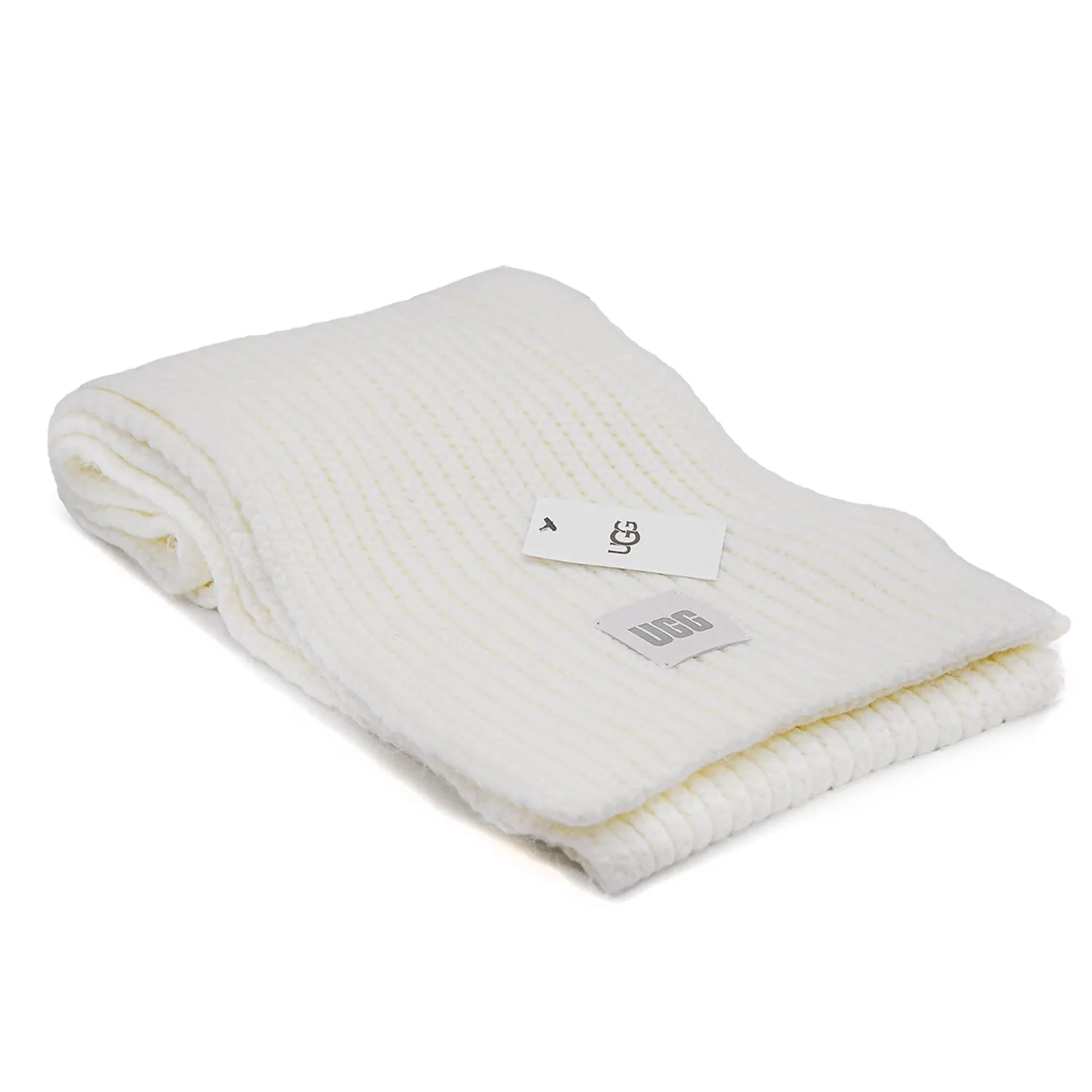 Ugg Chunky Rib Knit Scarf Sciarpe Bianco Unisex Con Logo Patch